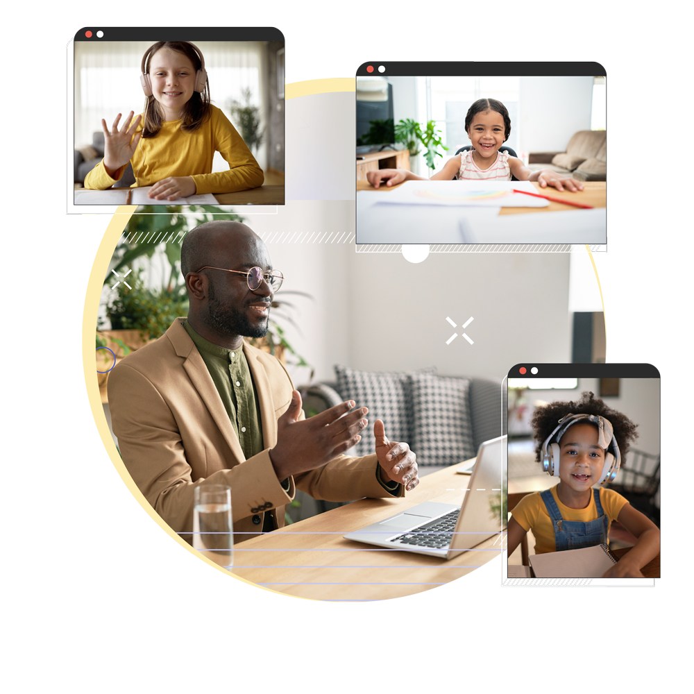 A picture of a teletherapist with windows of three of his students