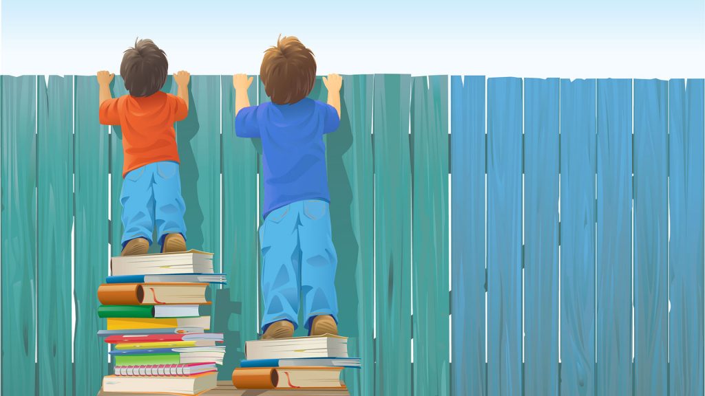An Illustration of two kids standing on books to see over a fence, symbolic of equity