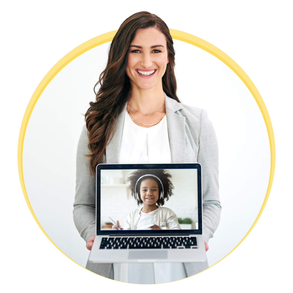 A woman holding a laptop with a teletherapy student
