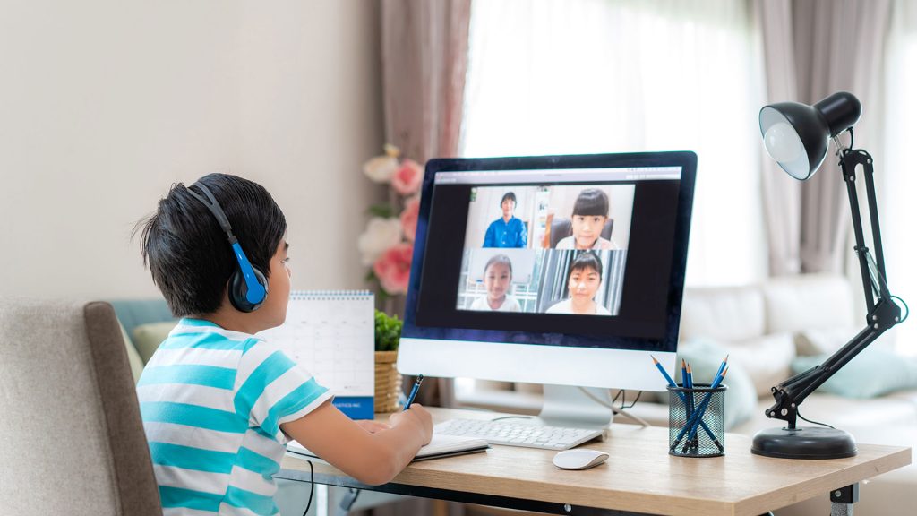 a student in a virtual classroom with three other students