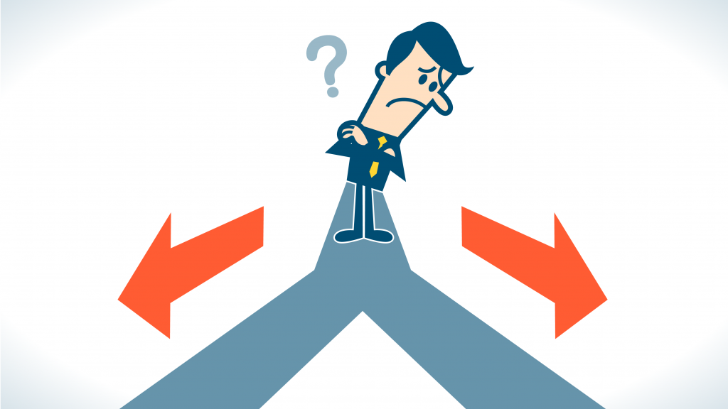 An illustration of a man at a fork in the road, unsure of where to go.