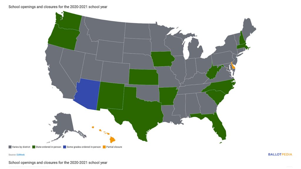 A map of the US depicting school openings/closings in 2021