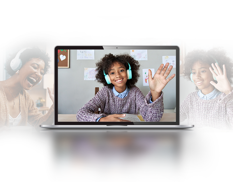 A computer screen of a young girl in headphones taking an online therapy session