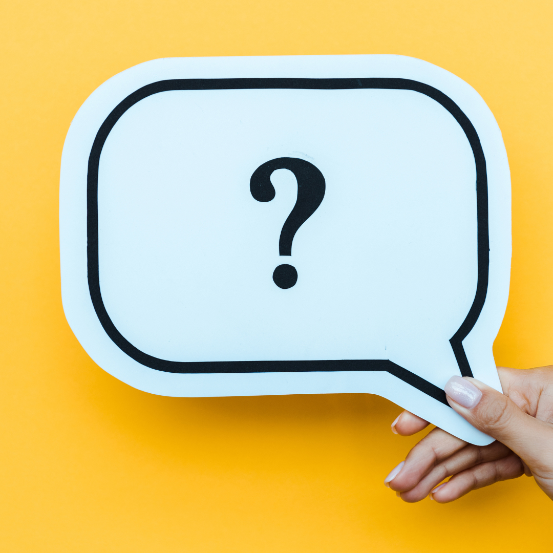 A question mark in a speech bubble
